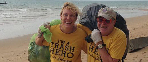 collecting trash from the beach