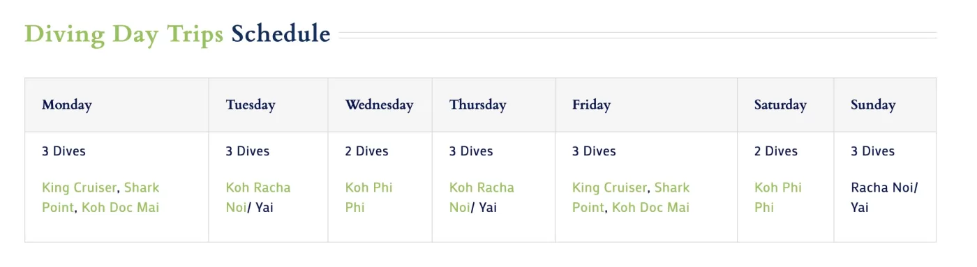 Phuket Diving Schedule