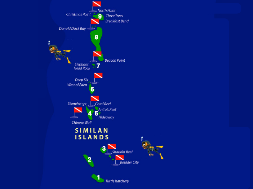 Dive Site map of Similan islands, Thailand